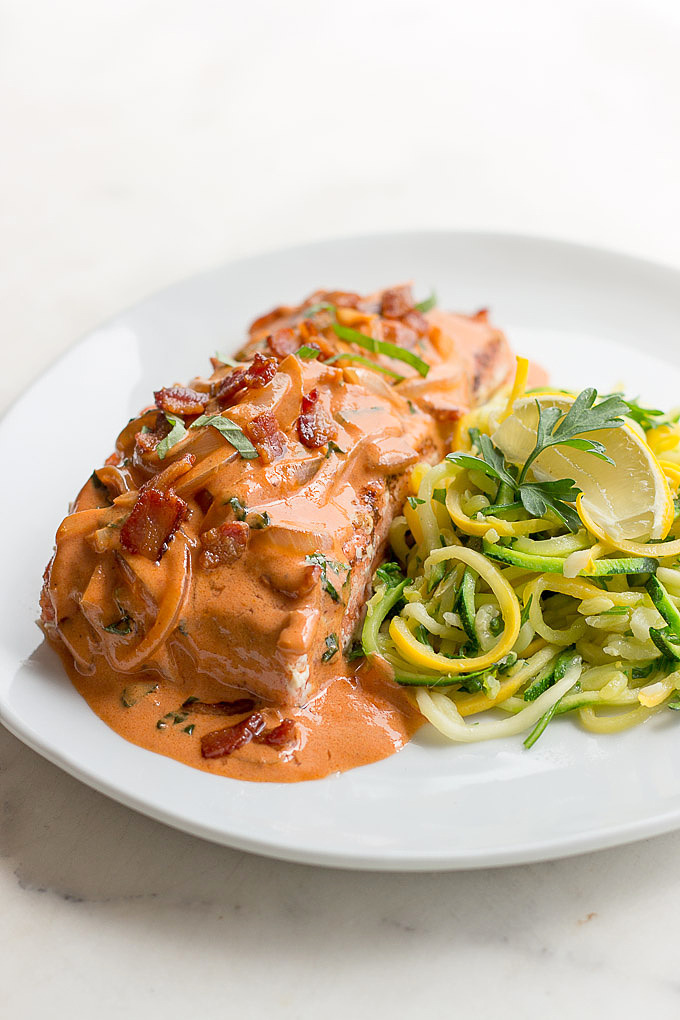 Salmon with Bacon Tomato Vodka Cream Sauce Low Carb Maven