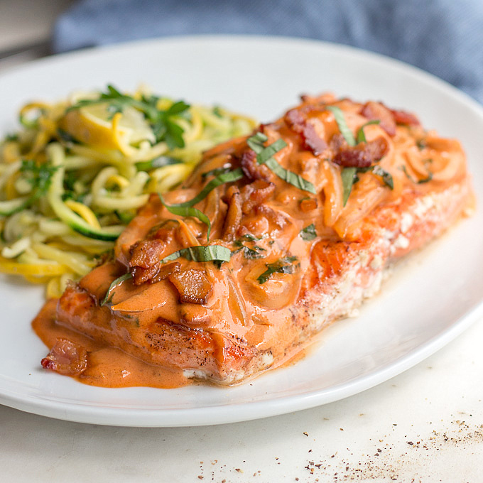Salmon with Bacon Tomato Vodka Cream Sauce Low Carb Maven