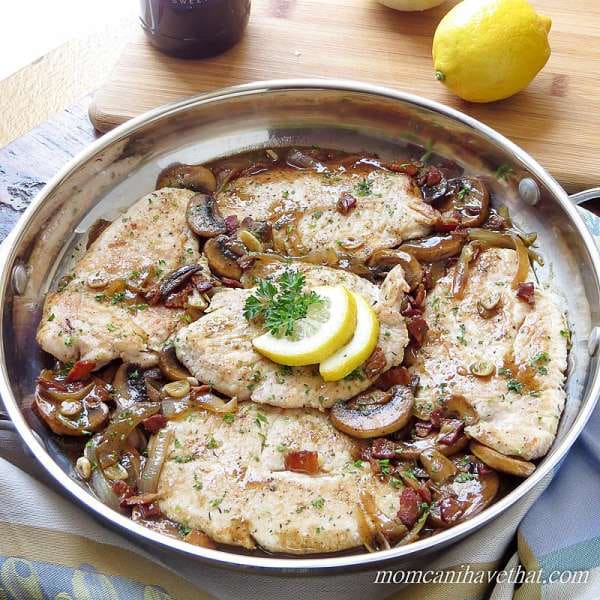 This recipe for Turkey Marsala consists of flattened turkey scallopini with bacon, mushrooms, garlic and onions in a Marslla wine sauce presents a nice twist on the traditional Italian-American dish of Chicken or Veal Marsala. This low carb version is easy to prepare and full of flavor. | LC DF GF Paleo