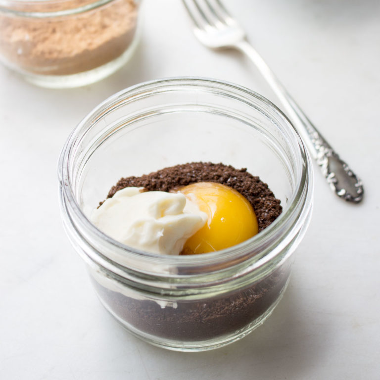 Chocolate peanut butter mug cake mix with mayonnaise and egg yolk