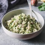 low carb avocado chicken salad with no mayo in a bowl with spoon