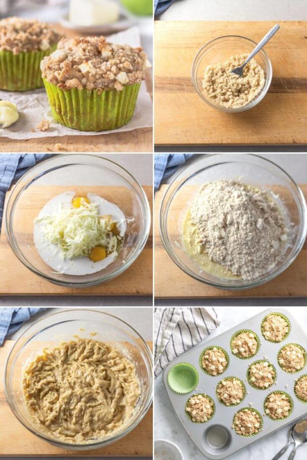 Apple muffin process shots: baked muffin, crumb topping, wet ingredients, dry ingredients, ingredients combined, filled muffin tins