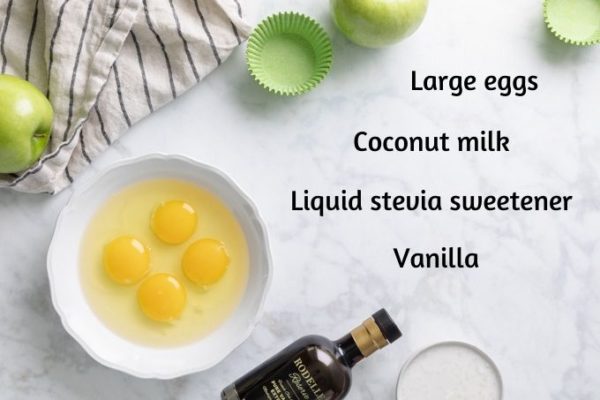 Picture of apple crumb muffin wet ingredients: large eggs, coconut milk, stevia and vanilla