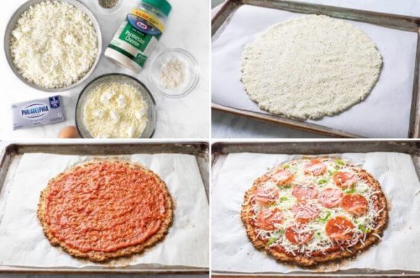 Keto cauliflower pizza crust pizza with mozzarella and pepperoni cut into slices