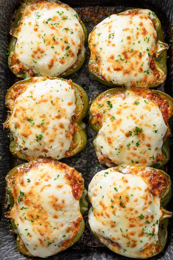 Pan of keto lasagna stuffed peppers