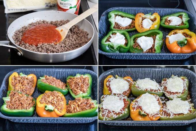 How to make lasagna stuffed peppers composite: add sauce to ground beef, layer ground beef, ricotta cheese and ground beef again, top with ricotta and mozzarella cheese