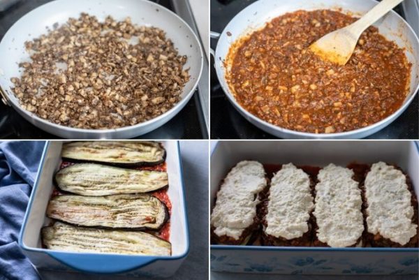 some steps of vegetarian keto lasagna: cooked mushrooms in a pan, sauce added to mushrooms, eggplant layered in dish, ingredients layered on the eggplant slices