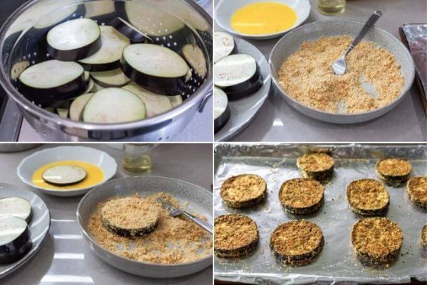 steps for breading keto eggplant parmesan: 1. salted eggplant rounds in a colander, 2. eggplant rounds, beaten egg and crumb mixture, 3. eggplant in beaten egg and in crumb mixture, 4. breaded eggplant rounds on a foil lined sheet pan.